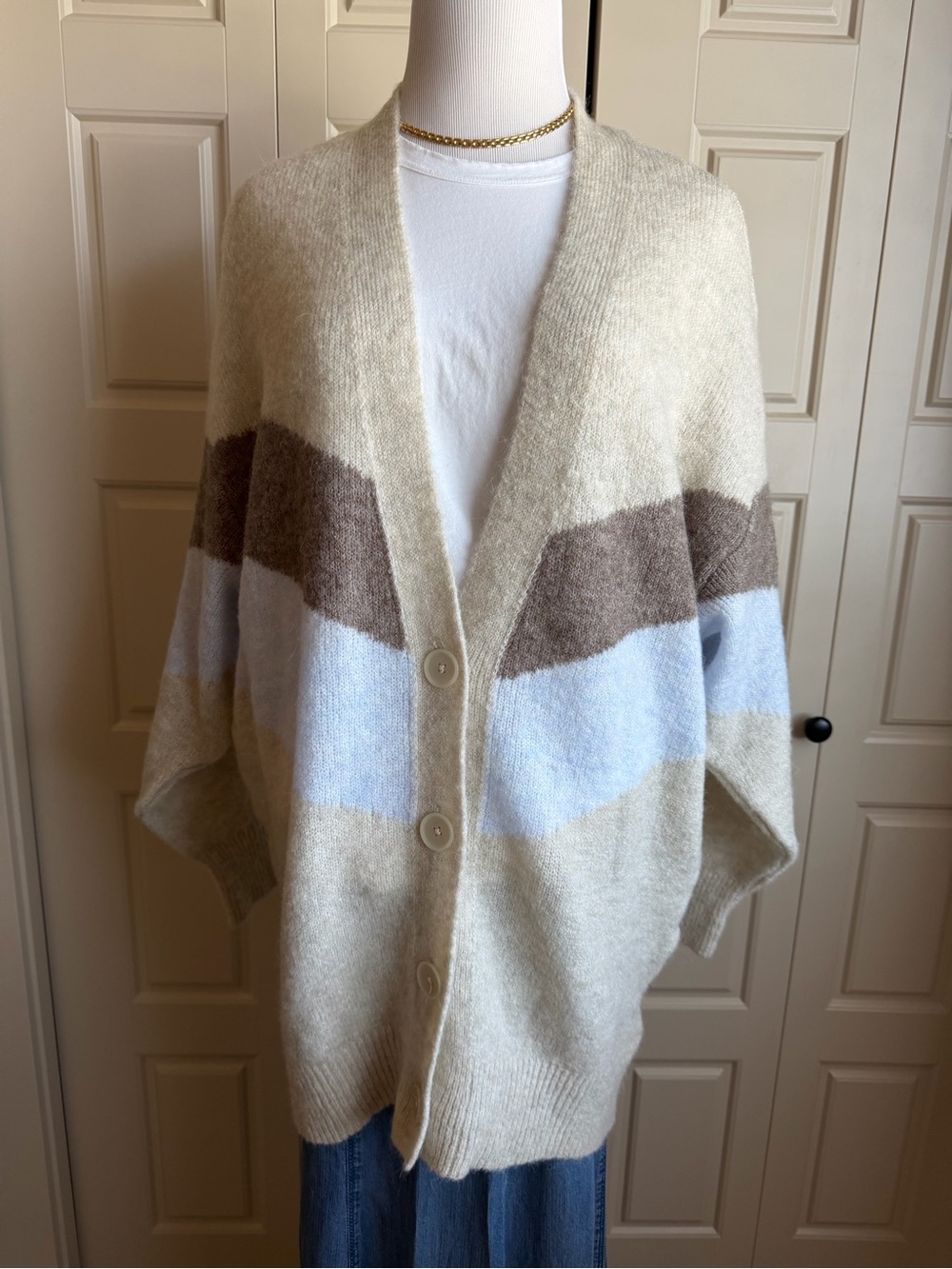 Mavi Cream, Brown & Light Blue Colorblock Button Oversized Cardigan